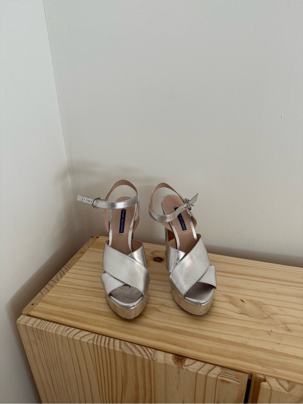 Stuart Weitzman Silver Crisscross Platform Sandals
